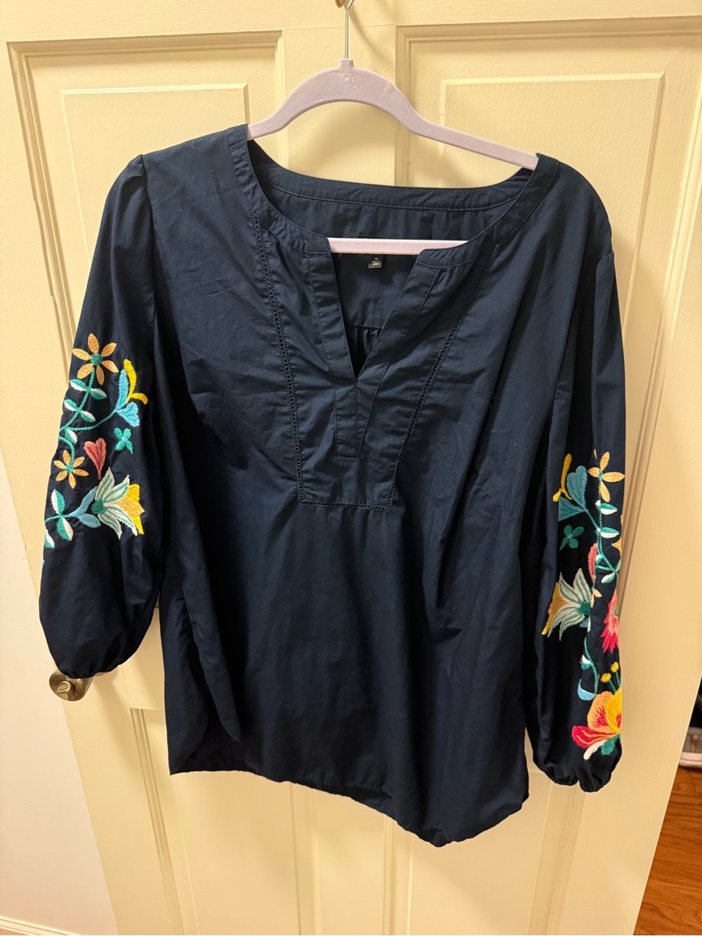 Talbots Navy Peasant Blouse with Multicolor Floral Embroidery